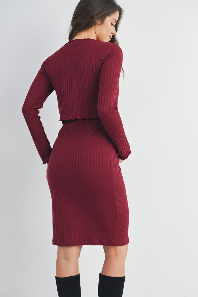 Burgundy Ribbed Round Neck Long Sleeve Lettuce Trim Maternity Nursing Dress Back View