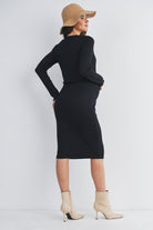 Black Ribbed Round Neck Long Sleeve Lettuce Trim Maternity Nursing Dress Back View