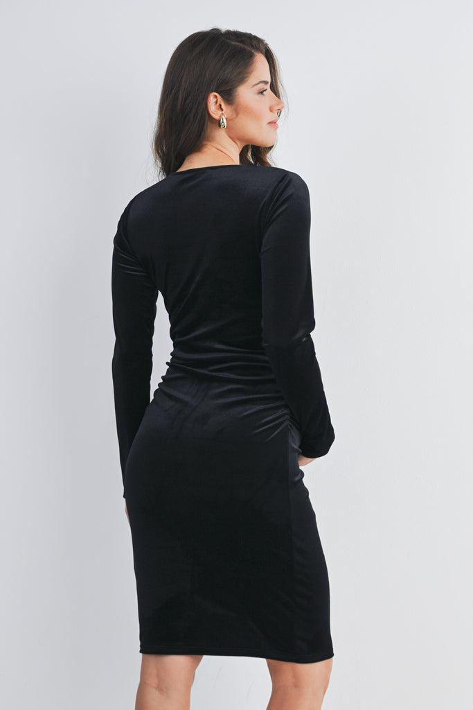 Black Velvet Side Ruched Long Sleeve Maternity Dress Back View