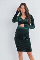 Hunter Green Velvet Side Ruched Long Sleeve Maternity Dress Front View