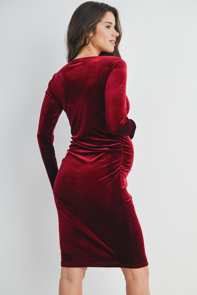 Burgundy Velvet Side Ruched Long Sleeve Maternity Dress Back View