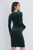 Hunter Green Velvet Side Ruched Long Sleeve Maternity Dress Back View
