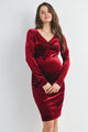 Burgundy Velvet Side Ruched Long Sleeve Maternity Dress Front View