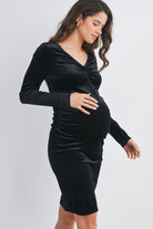 Black Velvet Side Ruched Long Sleeve Maternity Dress Side View