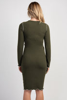 Olive Long Sleeve Crew Neck Rib Knit Maternity Nursing Dress Back View