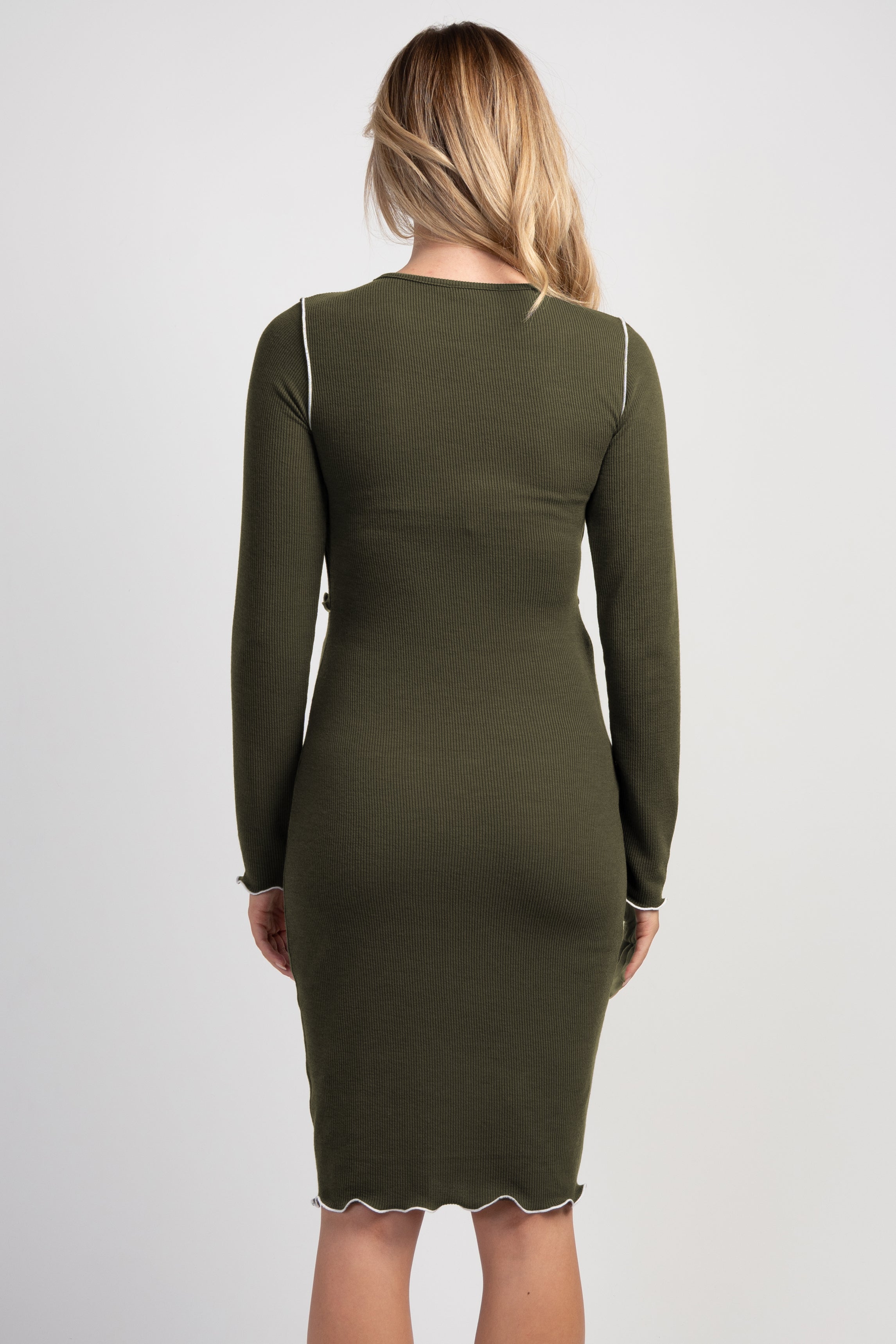 Olive Long Sleeve Crew Neck Rib Knit Maternity Nursing Dress Back View