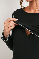 Black Long Sleeve Crew Neck Rib Knit Maternity Nursing Dress Close Up