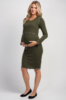 Olive Long Sleeve Crew Neck Rib Knit Maternity Nursing Dress Full Body