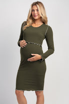 Olive Long Sleeve Crew Neck Rib Knit Maternity Nursing Dress Front View