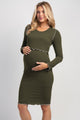 Olive Long Sleeve Crew Neck Rib Knit Maternity Nursing Dress Front View