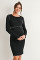 Black Long Sleeve Crew Neck Rib Knit Maternity Nursing Dress Front