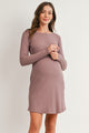 Ribbed long sleeve maternity nursing dress with snap front in dark mauve– front view
