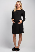 Ribbed long sleeve maternity nursing dress with snap front in black – full body view