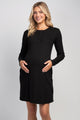 Ribbed long sleeve maternity nursing dress with snap front in black – front view