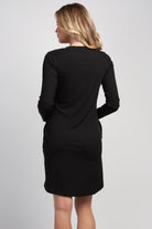 Ribbed long sleeve maternity nursing dress with snap front in black – back view
