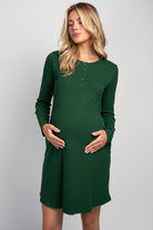 Ribbed long sleeve maternity nursing dress with snap front in green – front view