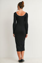 Black Long Sleeve Ribbed Scoop Neck Maternity Midi Dress with Lace Trim Back View