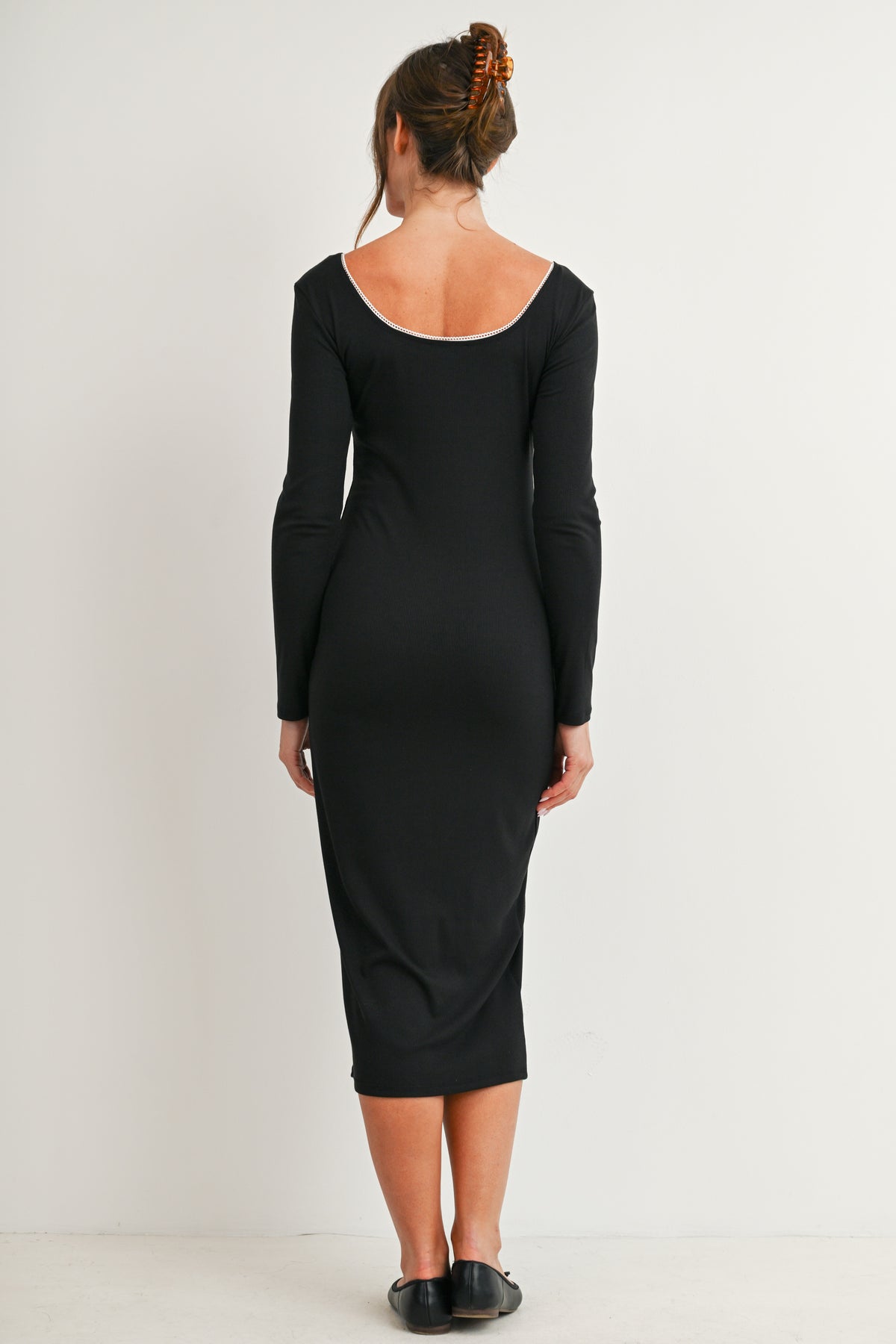 Black Long Sleeve Ribbed Scoop Neck Maternity Midi Dress with Lace Trim Back View