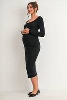 Black Long Sleeve Ribbed Scoop Neck Maternity Midi Dress with Lace Trim Side View