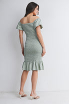 Sage Off Shoulder Smocked Ruffle Hem Maternity Midi Bodycon Dress Back View