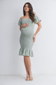 Sage Off Shoulder Smocked Ruffle Hem Maternity Midi Bodycon Dress Front View