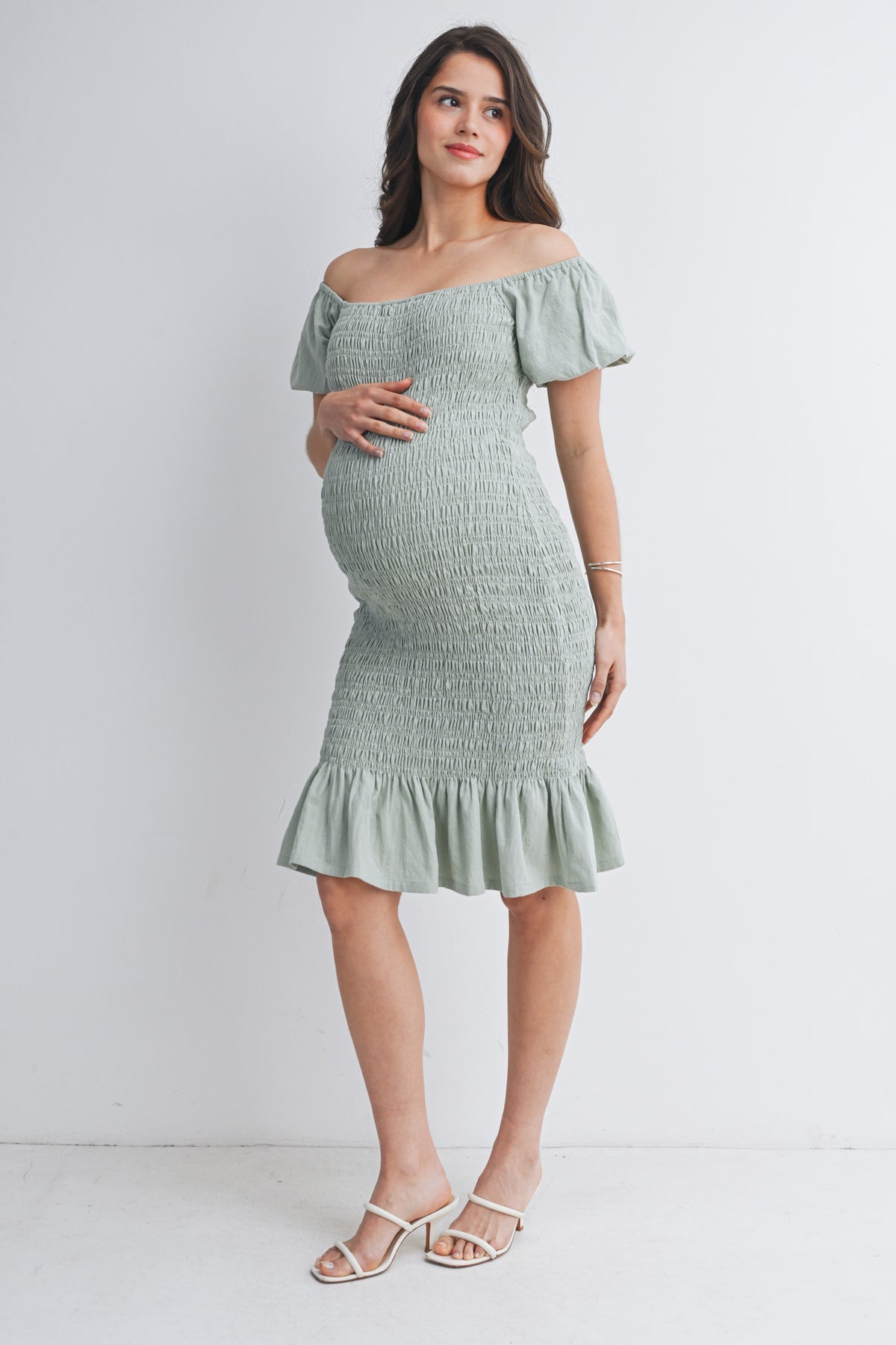 Sage Off Shoulder Smocked Ruffle Hem Maternity Midi Bodycon Dress Side View