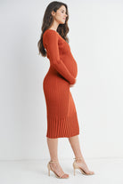 Rust Ribbed Knit Fitted Long Sleeve Maternity Midi Dress Side View