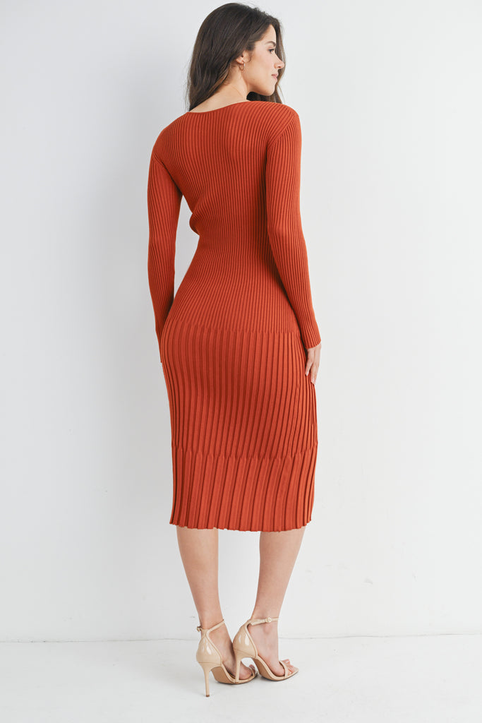 Rust Ribbed Knit Fitted Long Sleeve Maternity Midi Dress Back View