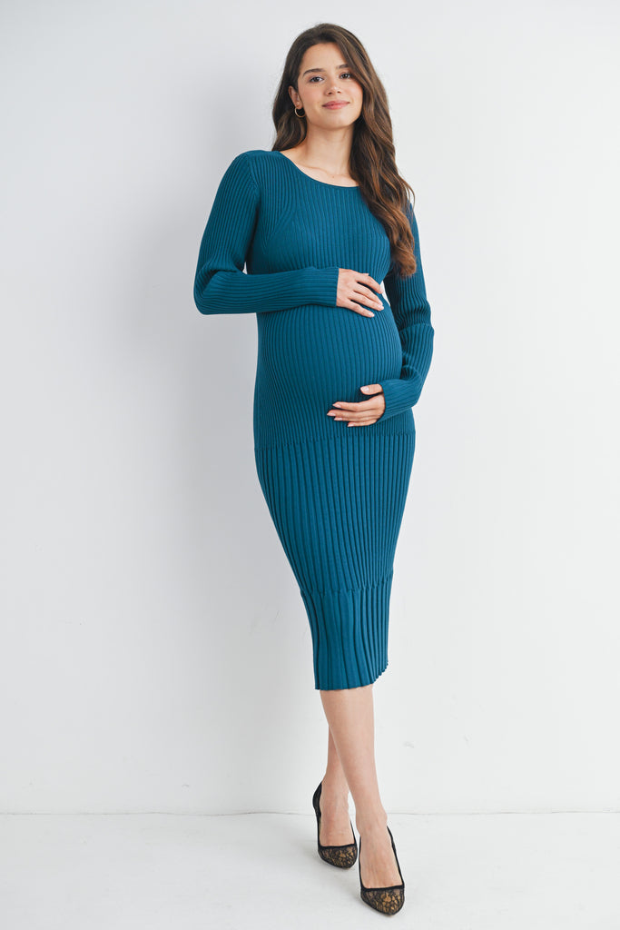 Teal Ribbed Knit Fitted Long Sleeve Maternity Midi Dress Front View