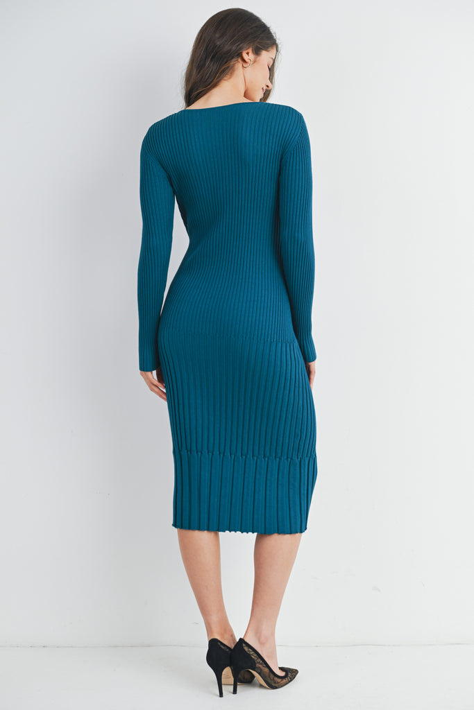 Teal Ribbed Knit Fitted Long Sleeve Maternity Midi Dress Back View