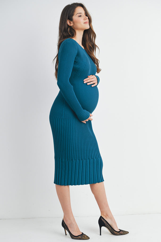 Teal Ribbed Knit Fitted Long Sleeve Maternity Midi Dress Side View