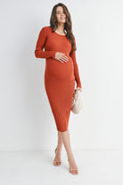 Rust Ribbed Knit Fitted Long Sleeve Maternity Midi Dress Front View