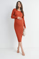 Rust Ribbed Knit Fitted Long Sleeve Maternity Midi Dress Front View