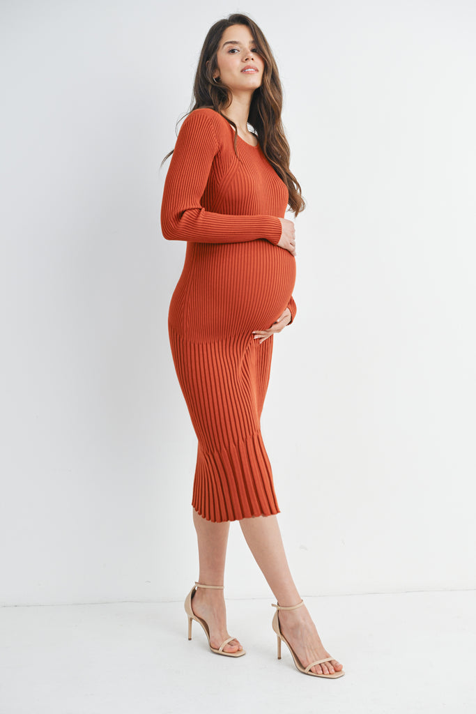 Rust Ribbed Knit Fitted Long Sleeve Maternity Midi Dress Side View