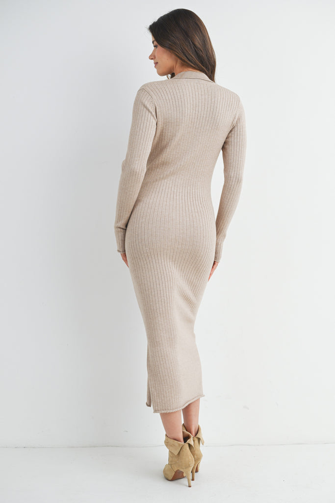 Oatmeal Ribbed Long Sleeve Collared Midi Maternity Dress Back View
