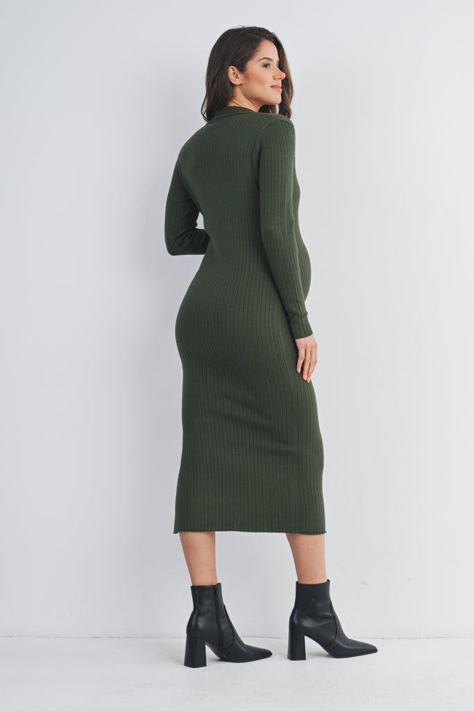 Olive Ribbed Long Sleeve Collared Midi Maternity Dress Back View