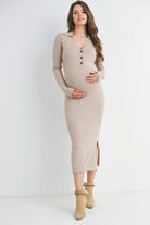 Oatmeal Ribbed Long Sleeve Collared Midi Maternity Dress Front View