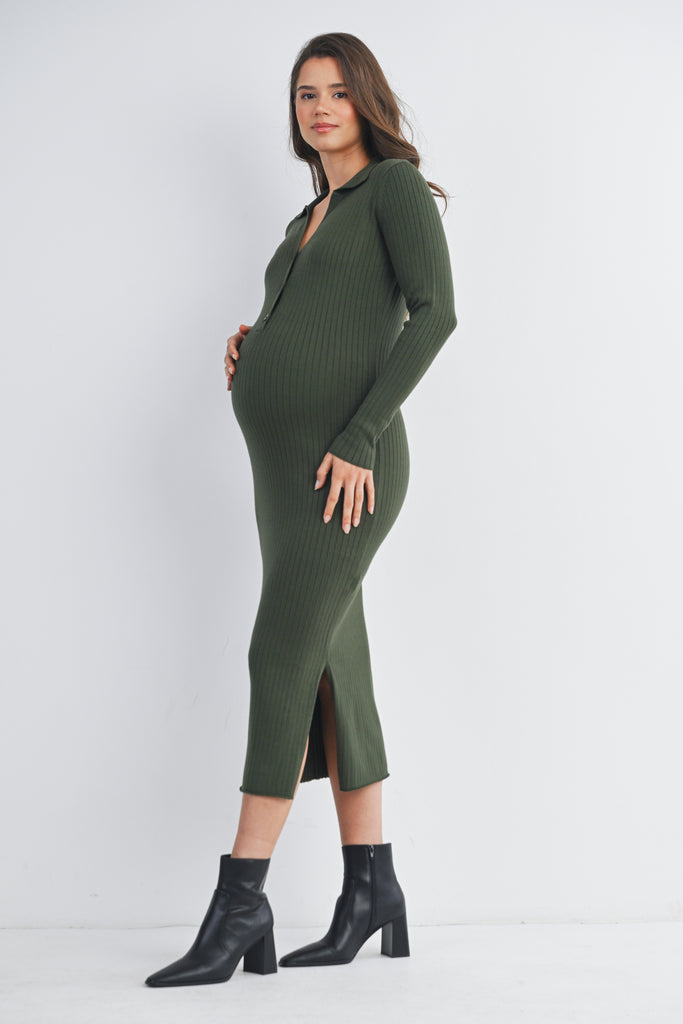 Olive Ribbed Long Sleeve Collared Midi Maternity Dress Side View