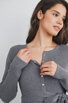 Charcoal Ribbed Button Down Belted Maternity Nursing Dress Button Detail