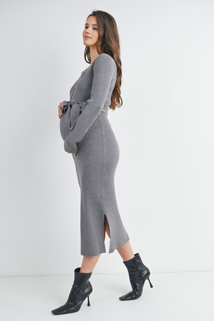 Charcoal Ribbed Button Down Belted Maternity Nursing Dress Side View