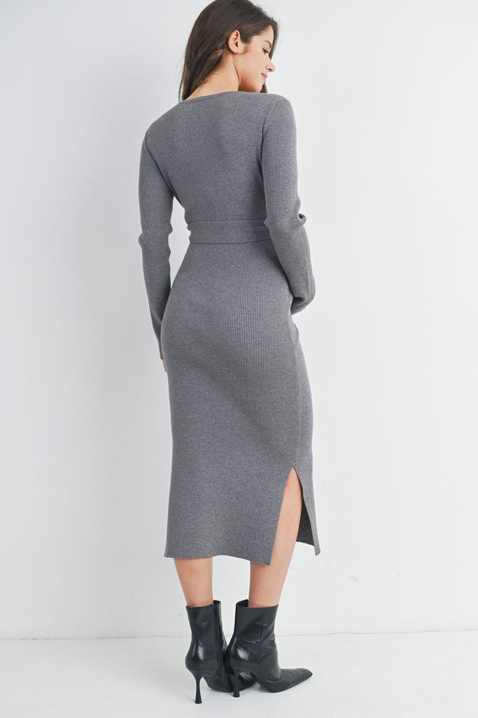 Charcoal Ribbed Button Down Belted Maternity Nursing Dress Back View
