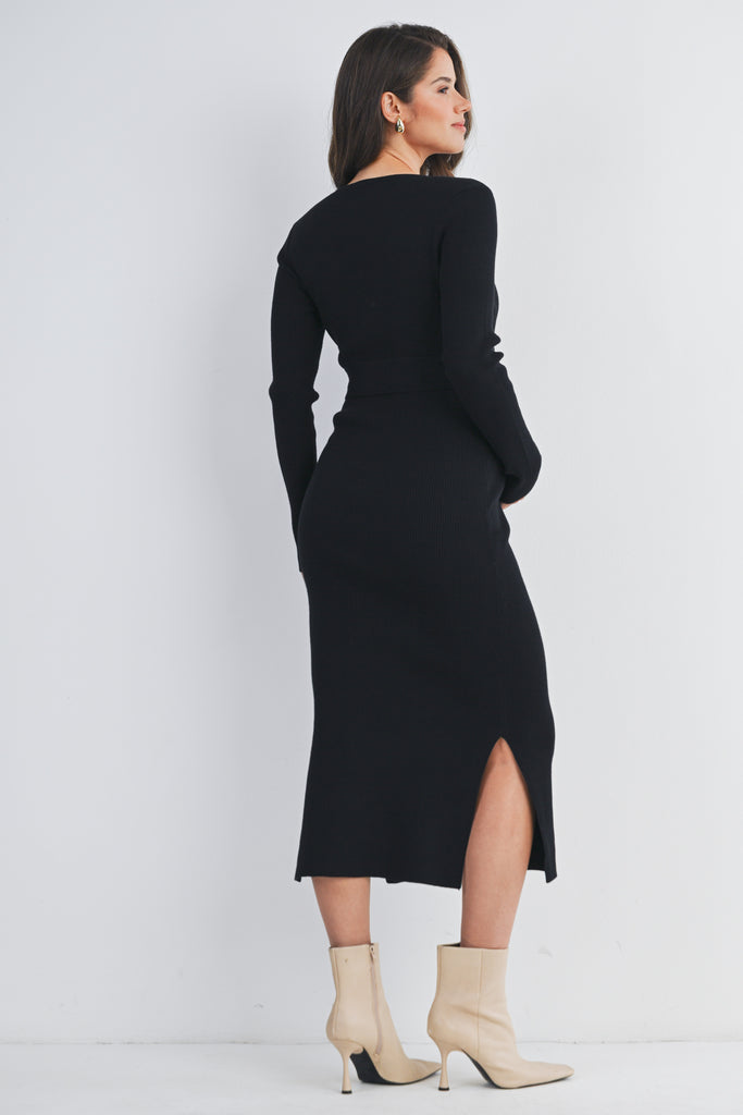 Black Ribbed Button Down Belted Maternity Nursing Dress Back View
