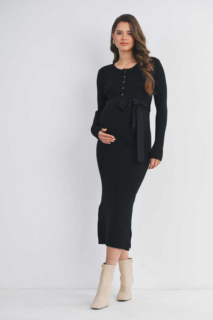 Black Ribbed Button Down Belted Maternity Nursing Dress Front View