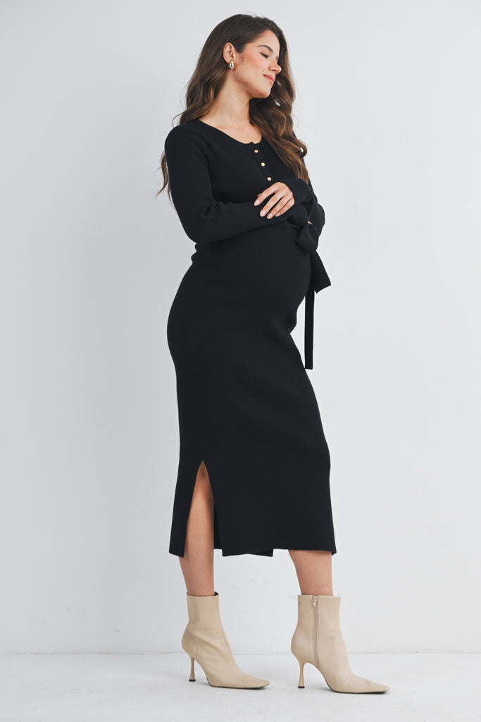 Black Ribbed Button Down Belted Maternity Nursing Dress Side View