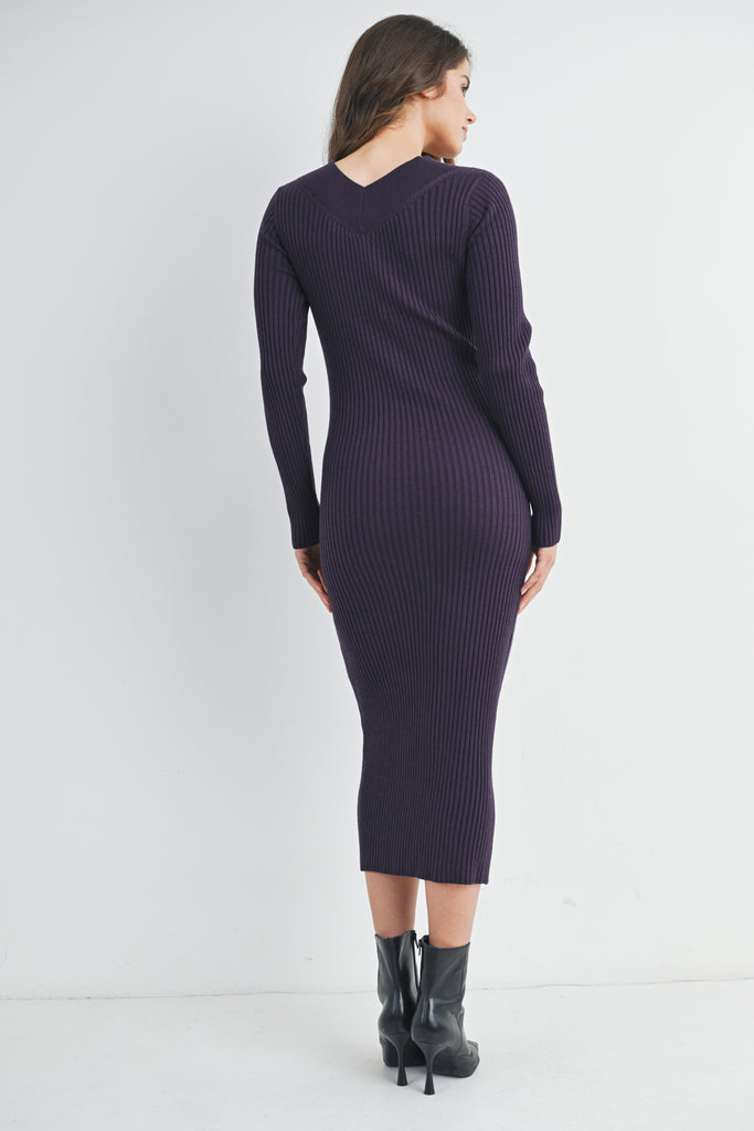 Purple Ribbed V Neck Long Sleeve Maternity Sweater Dress Back View