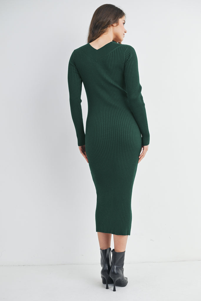Green Ribbed V Neck Long Sleeve Maternity Sweater Dress Back View