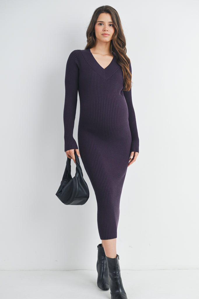 Purple Ribbed V Neck Long Sleeve Maternity Sweater Dress Front View