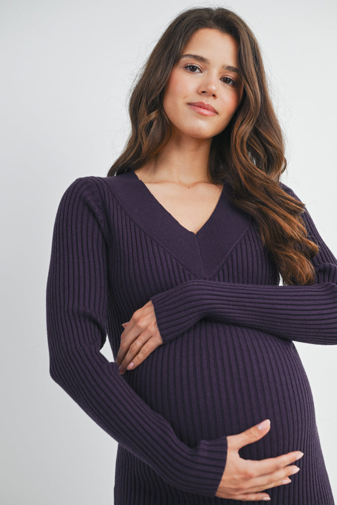 Purple Ribbed V Neck Long Sleeve Maternity Sweater Dress Close Up