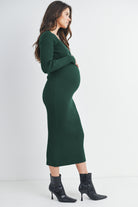 Green Ribbed V Neck Long Sleeve Maternity Sweater Dress Side View