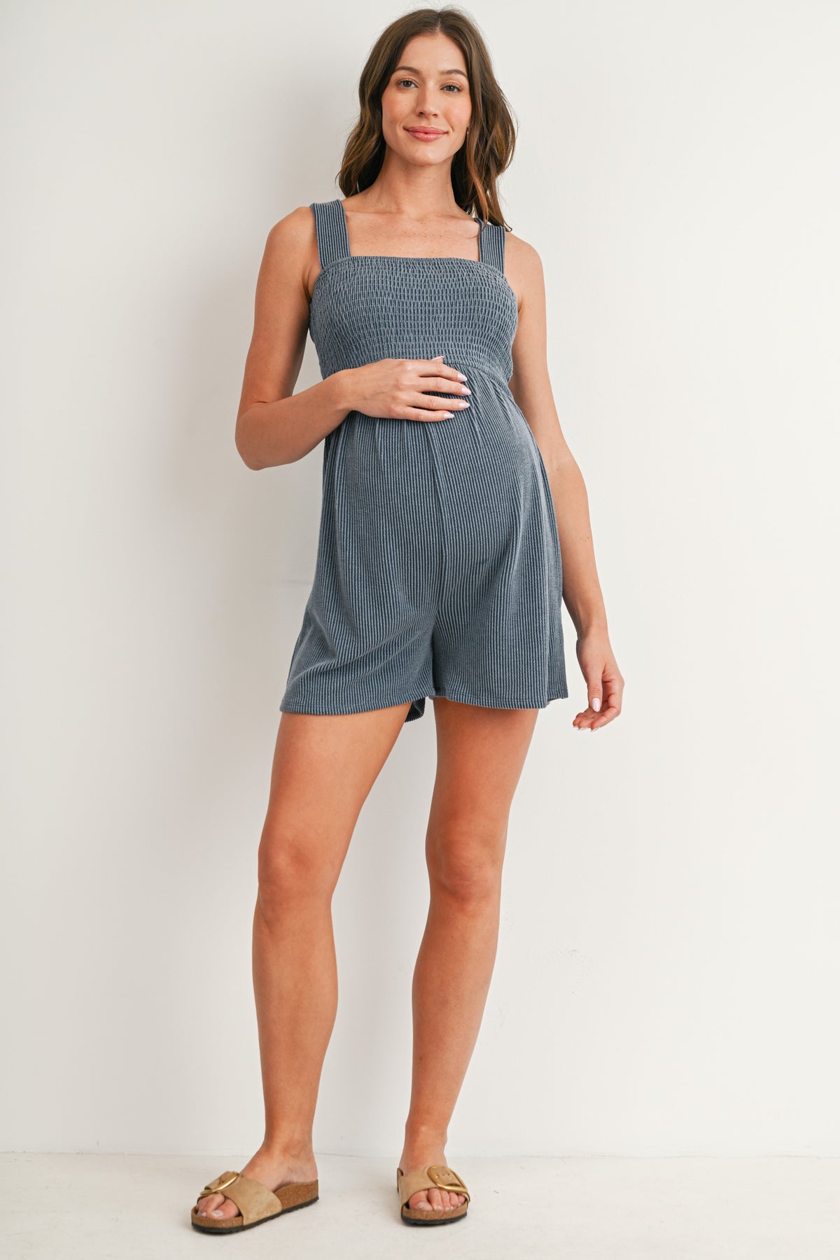 Denim Sleeveless Smocked Maternity Romper Full Body
